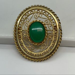 Vintage Gold Plated Oval Brooch Gold & Emerald 2”